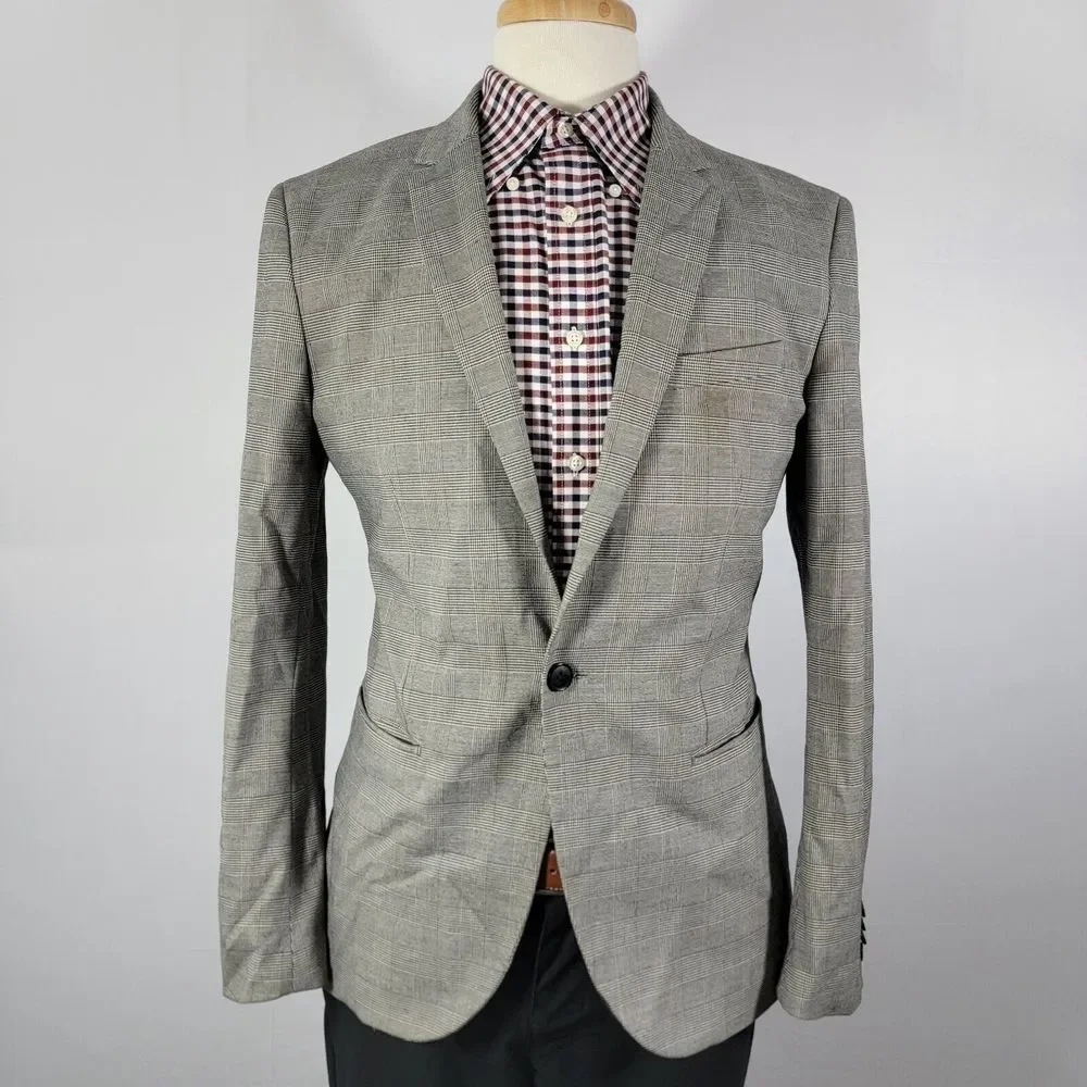 H&M Men's Sport Coat Blazer One Button Gray Plaid Polyester Blend Skinny Fit 40R